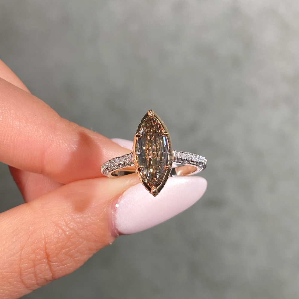 2ct Georgian Bezel Champagne Marquise Diamond Solitaire Engagement Ring