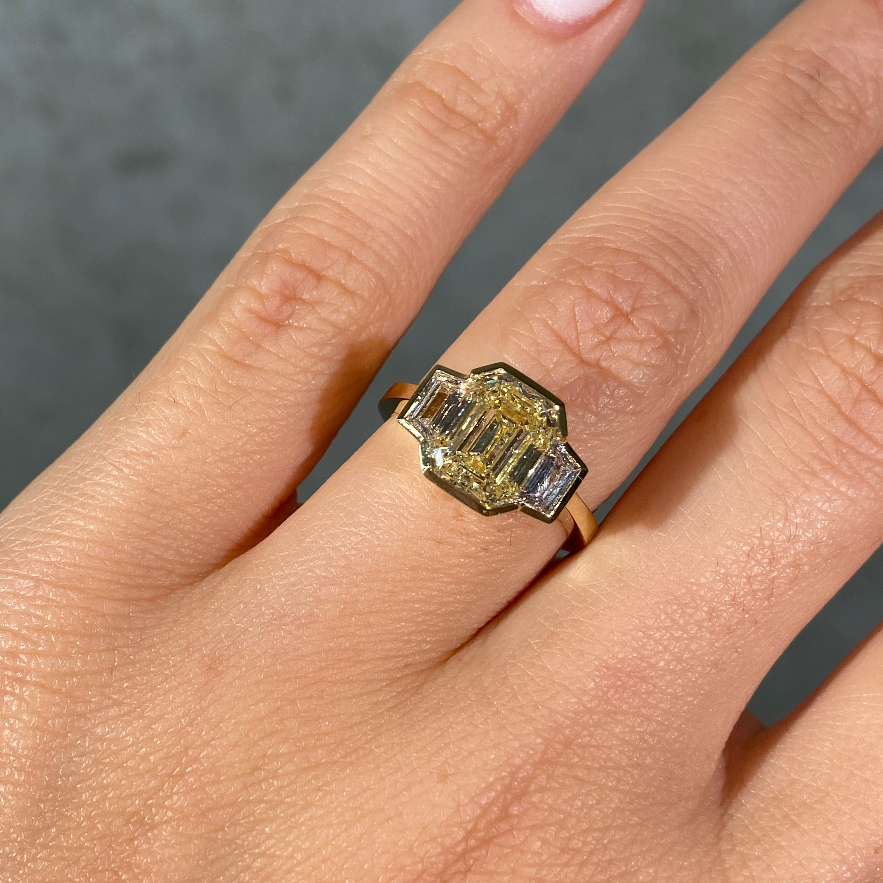 3ct Light Yellow Emerald Diamond Three Stone Bezel Engagement Ring