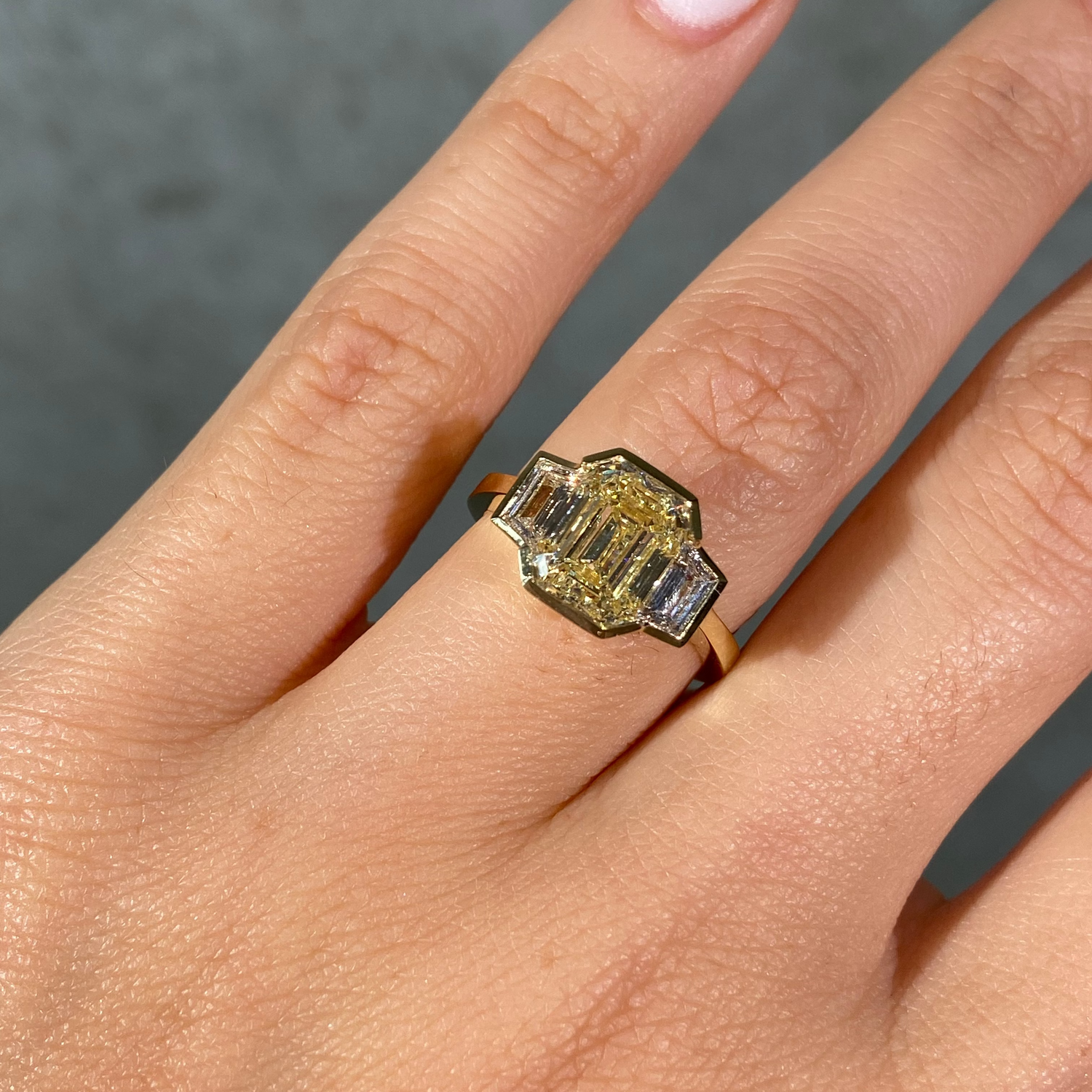 3ct Light Yellow Emerald Diamond Three Stone Bezel Engagement Ring