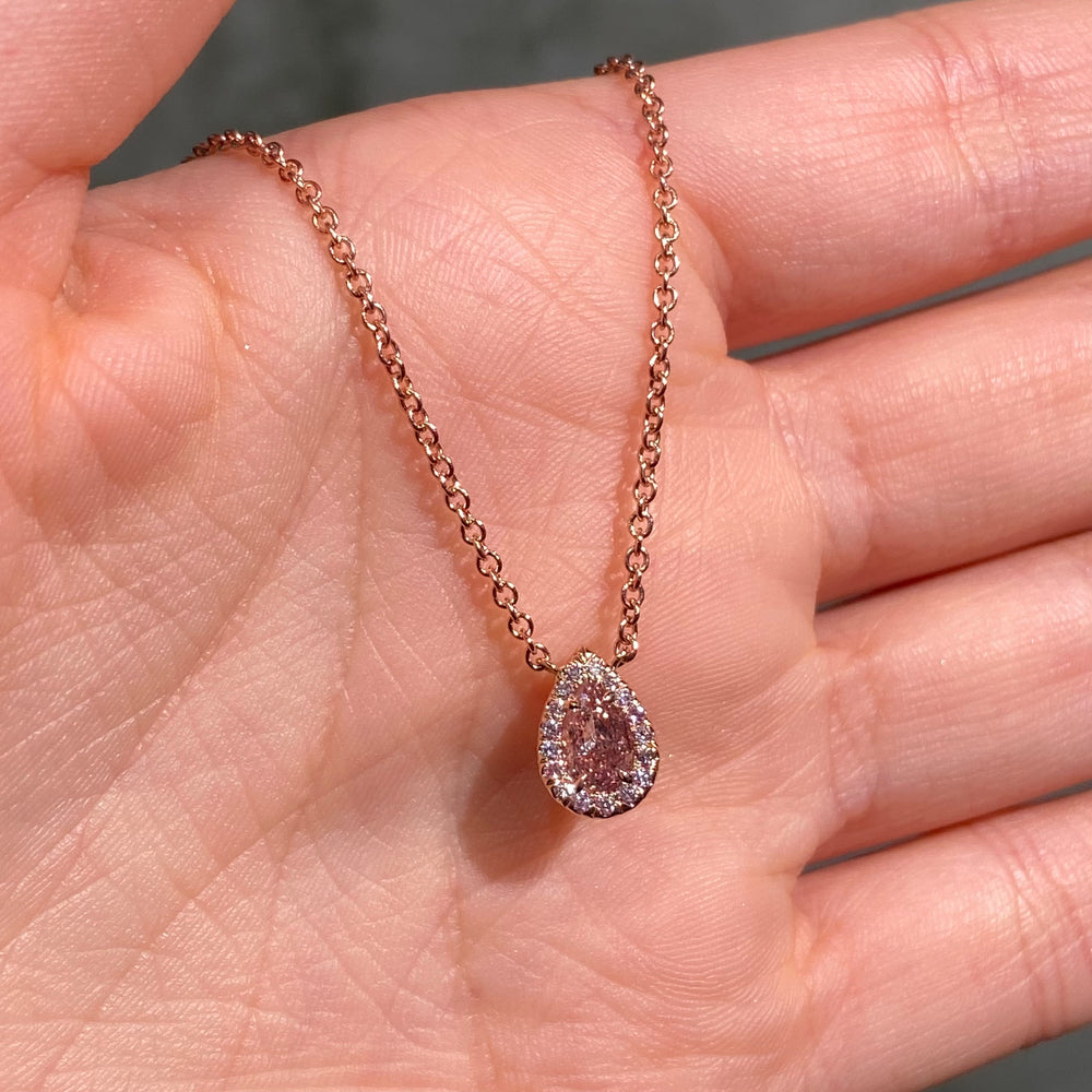 Half Carat Pink Pear Diamond Halo Pendant Necklace