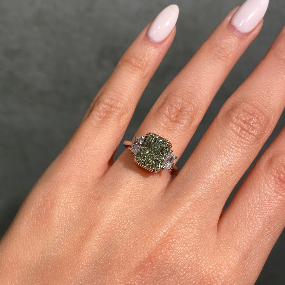 5.01ct GIA Fancy Green-Yellow Elongated Radiant Diamond Three Stone Engagement Ring