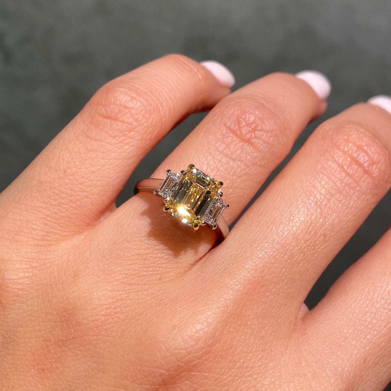 2.5ct GIA Light Yellow Emerald Cut Three Stone Engagement Ring