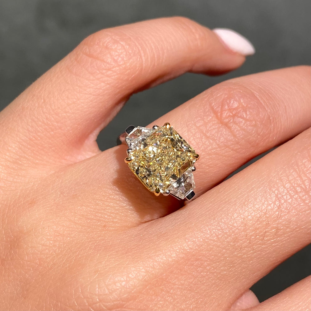 5.03ct GIA Light Yellow Radiant Diamond Three Stone Engagement Ring