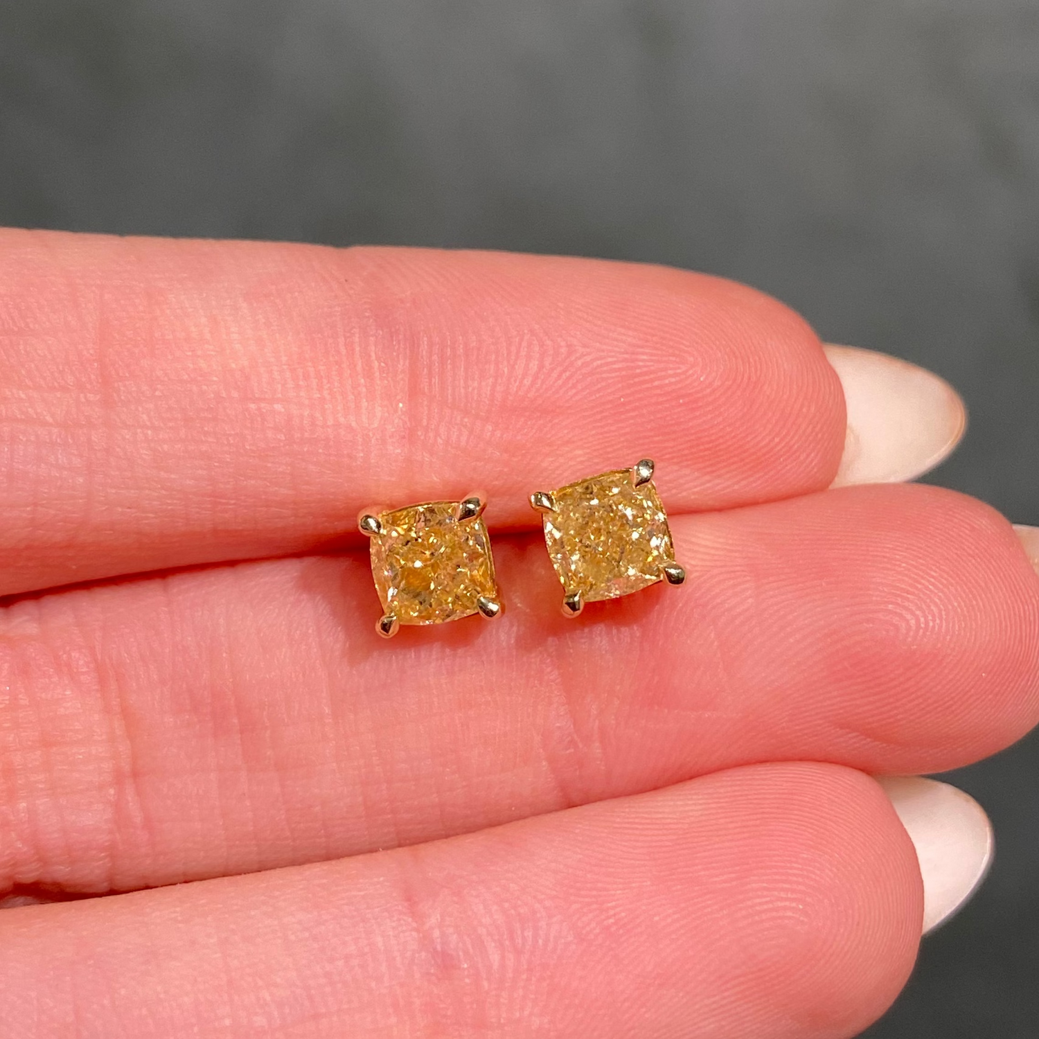 2 Carat Total Fancy Yellow Cushion Diamond Stud Earrings