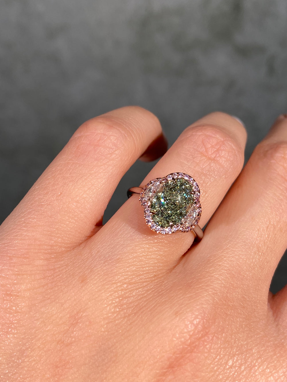 3ct GIA Green Oval Diamond Three Stone Pink Halo Engagement Ring