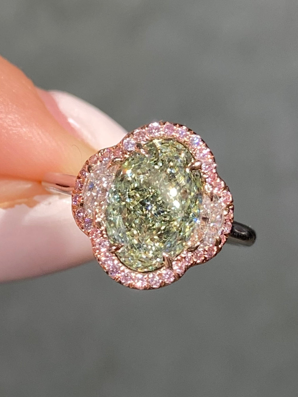 3ct GIA Green Oval Diamond Three Stone Pink Halo Engagement Ring