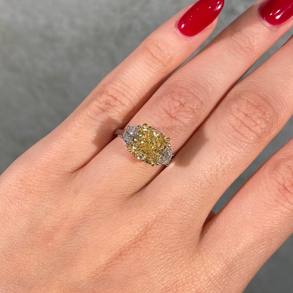 5.01ct Fancy Yellow Square Cushion Diamond Three Stone Engagement Ring