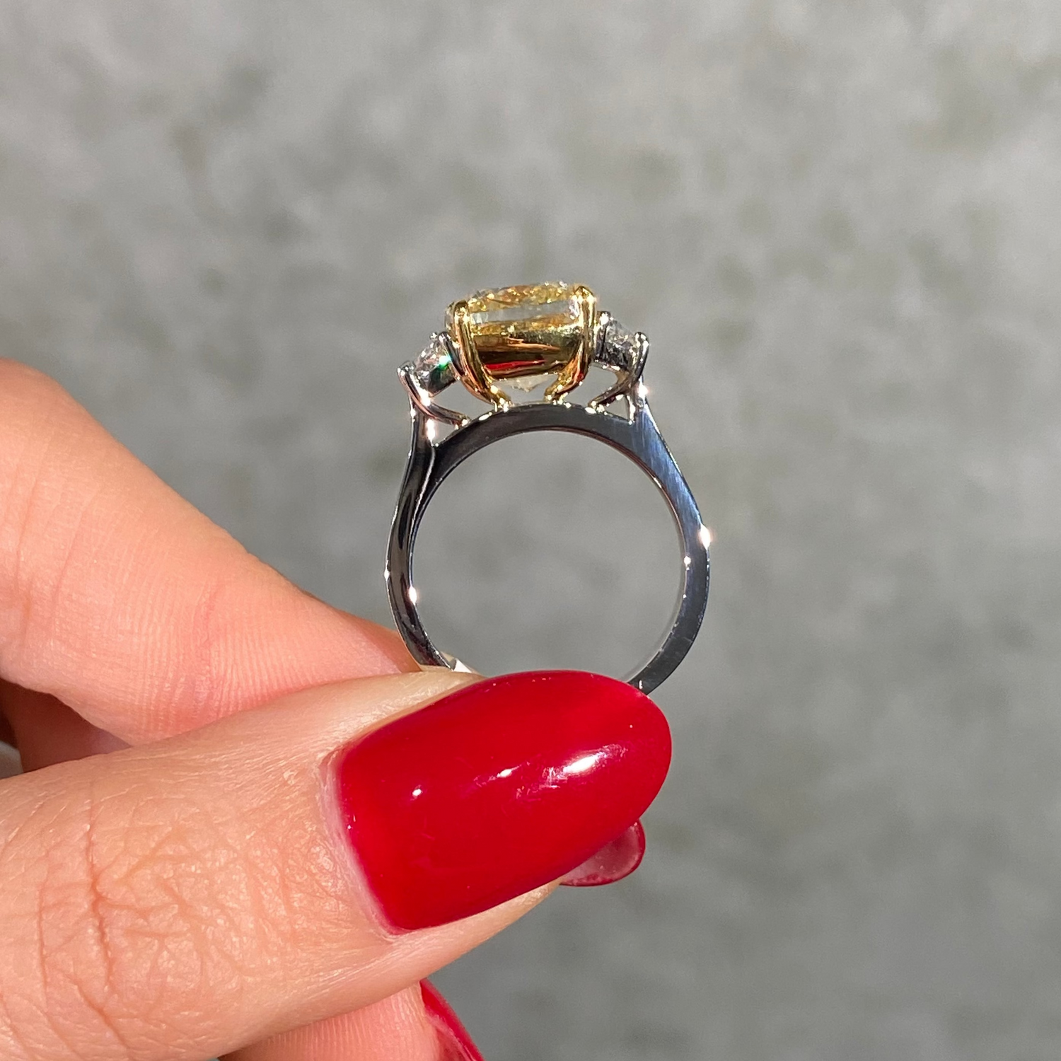 5.01ct Fancy Yellow Square Cushion Diamond Three Stone Engagement Ring