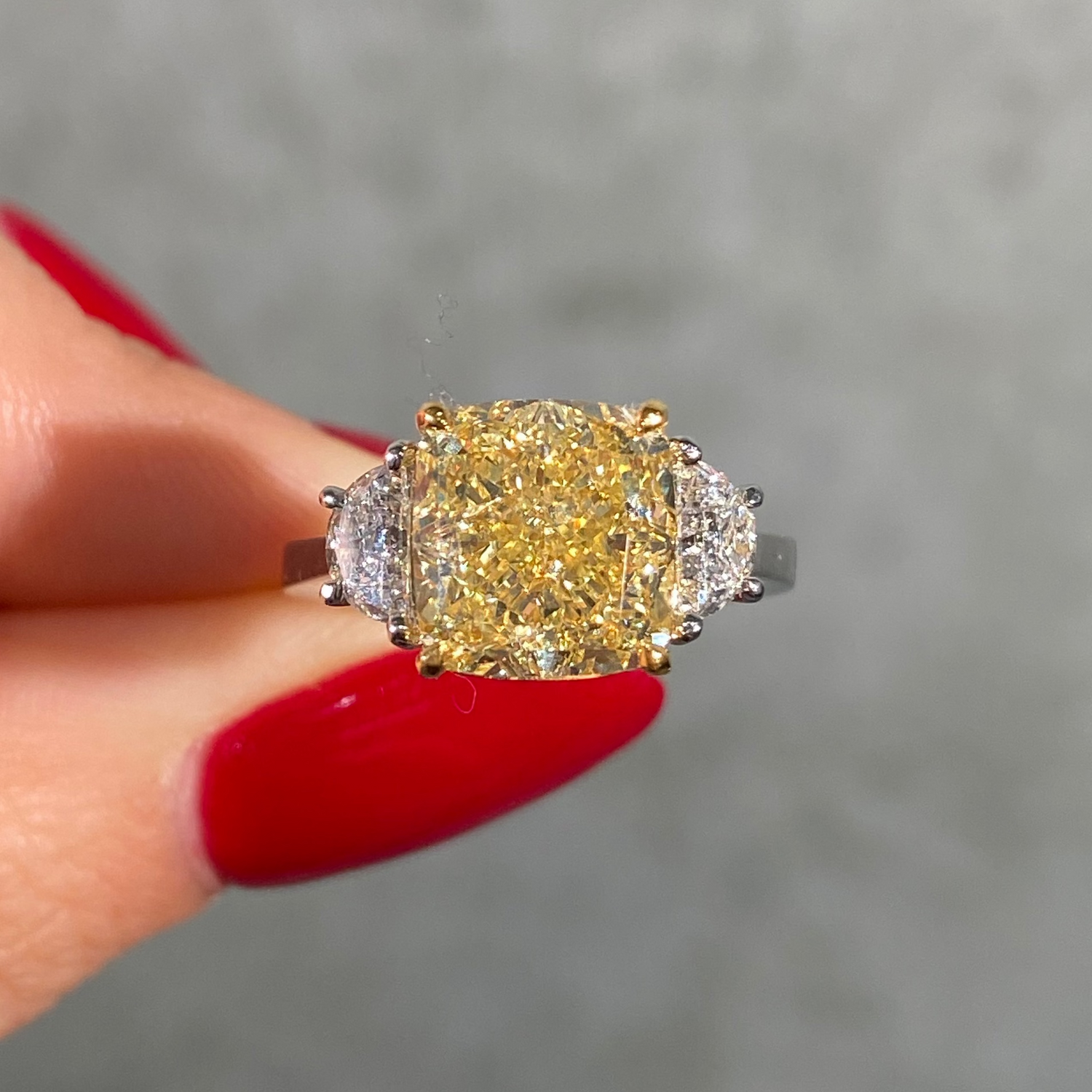 5.01ct Fancy Yellow Square Cushion Diamond Three Stone Engagement Ring