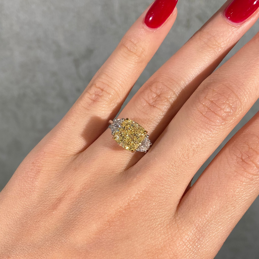 5.05ct GIA Fancy Light Yellow Square Cushion Diamond Three Stone Engagement Ring