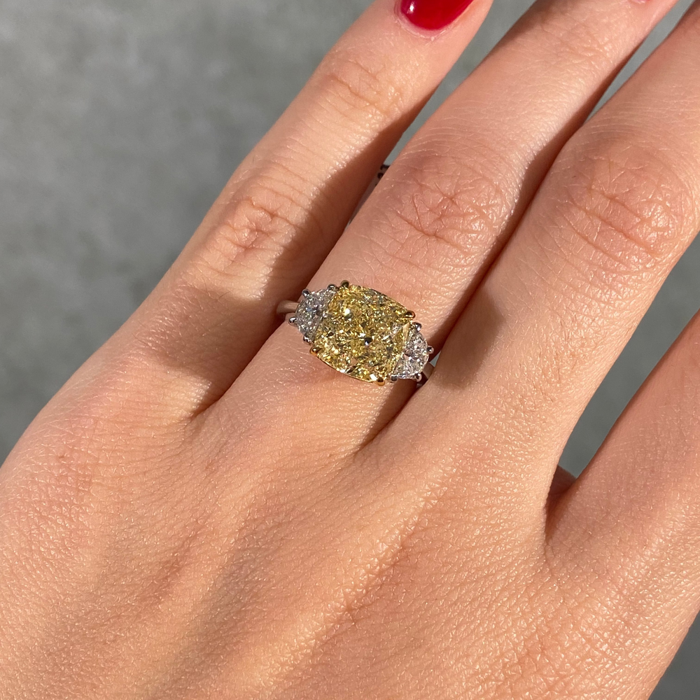 5.05ct GIA Fancy Light Yellow Square Cushion Diamond Three Stone Engagement Ring