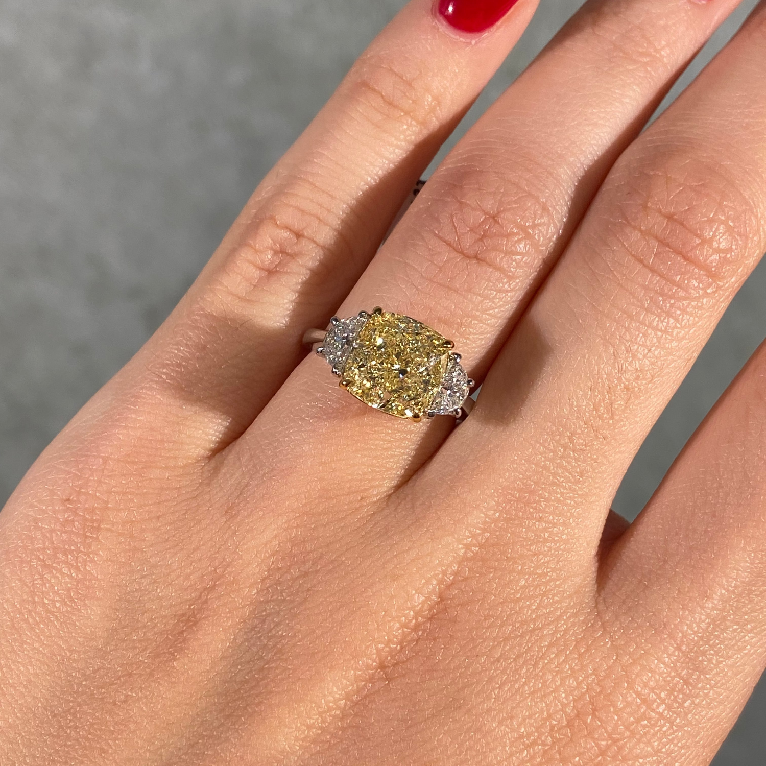 5.05ct GIA Fancy Light Yellow Square Cushion Diamond Three Stone Engagement Ring