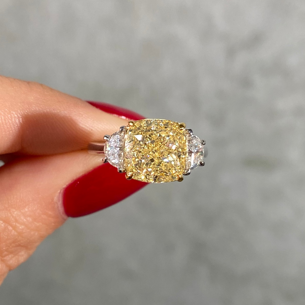 5.05ct GIA Fancy Light Yellow Square Cushion Diamond Three Stone Engagement Ring