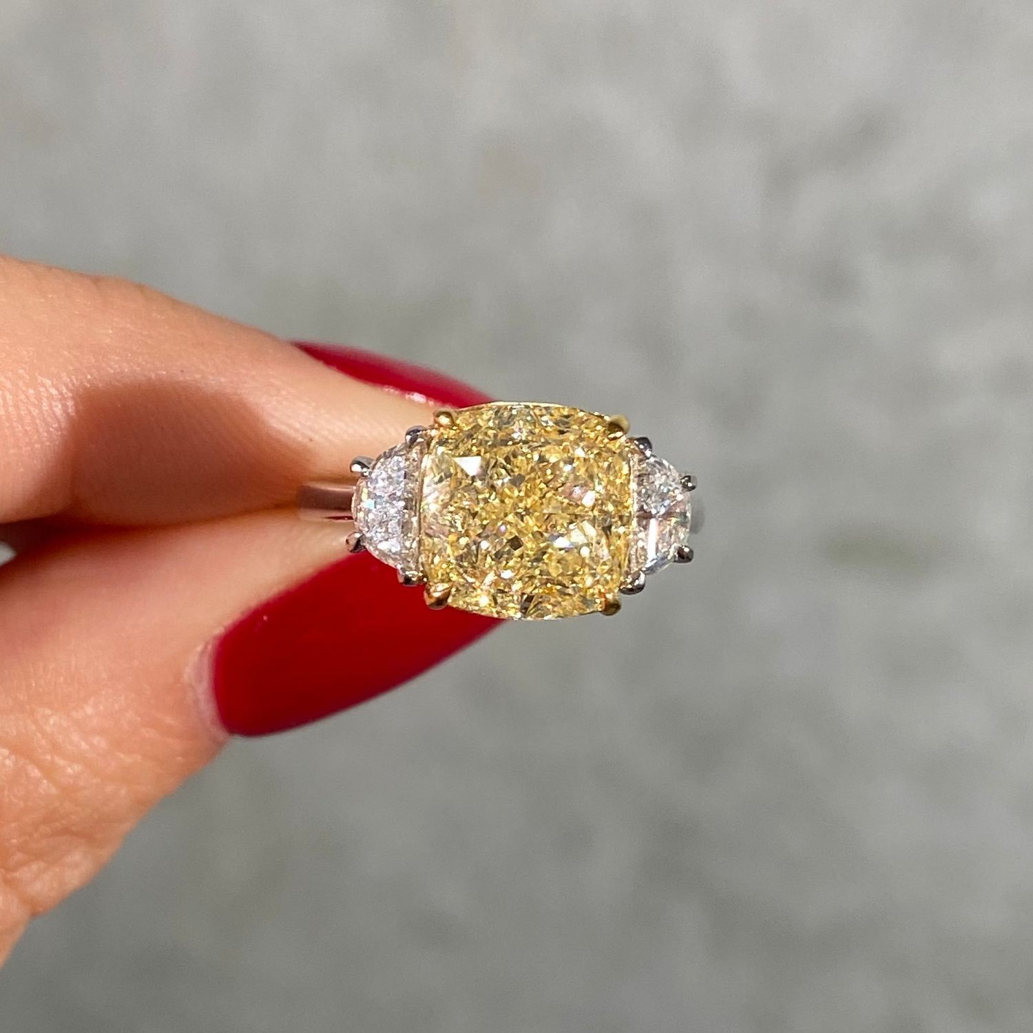 5.05ct GIA Fancy Light Yellow Square Cushion Diamond Three Stone Engagement Ring