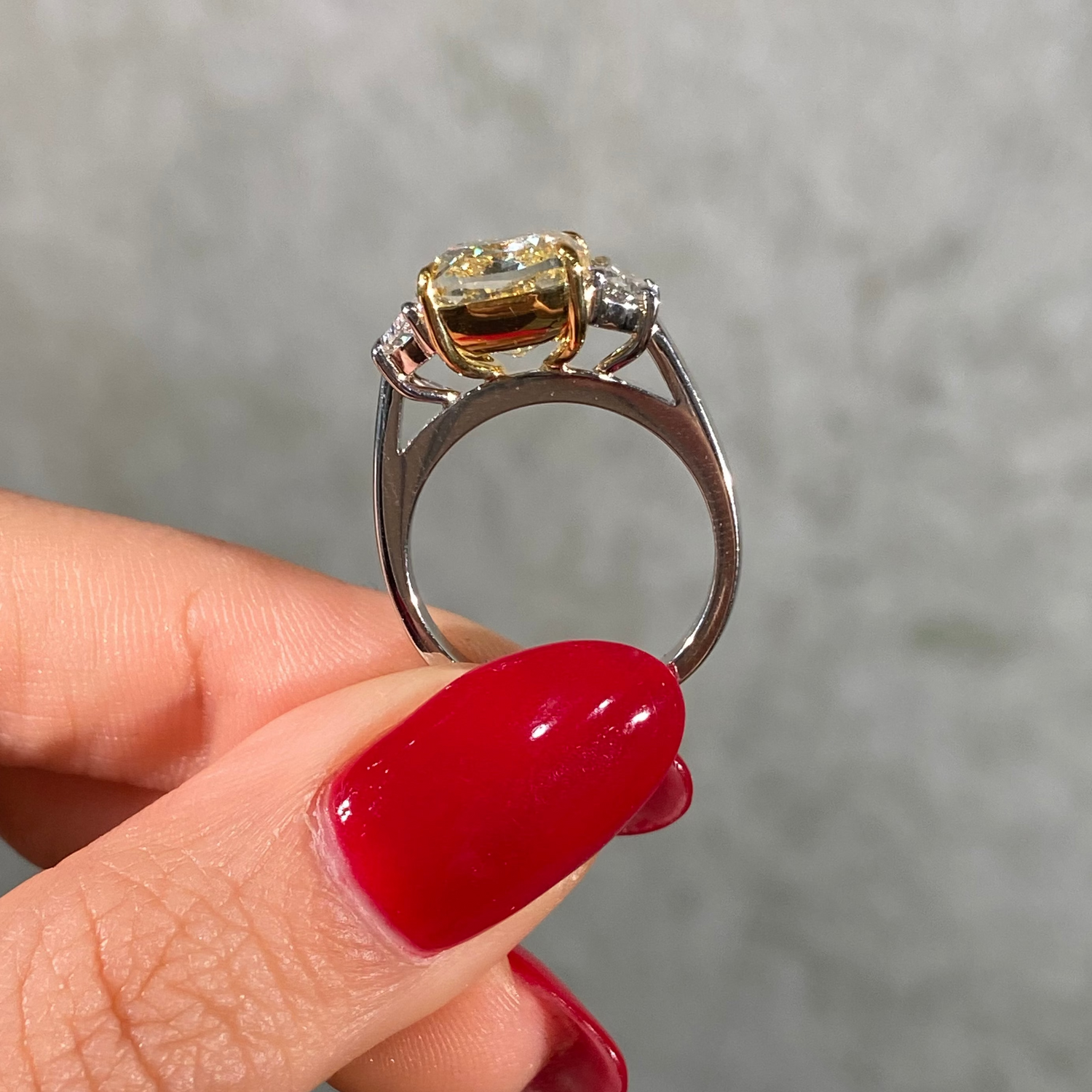 5.05ct GIA Fancy Light Yellow Square Cushion Diamond Three Stone Engagement Ring