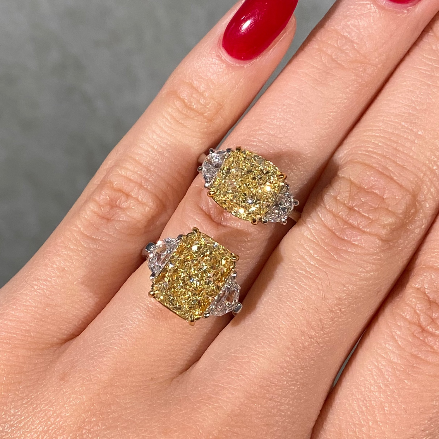 5.05ct GIA Fancy Light Yellow Square Cushion Diamond Three Stone Engagement Ring