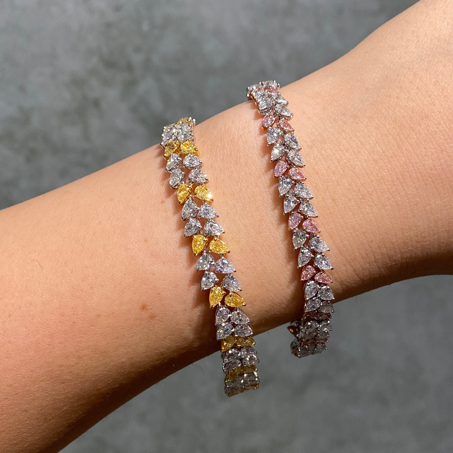 10.5ct Fancy Pink Pear diamond bracelet at Rare Colors by Namdar, 5th Avenue New York