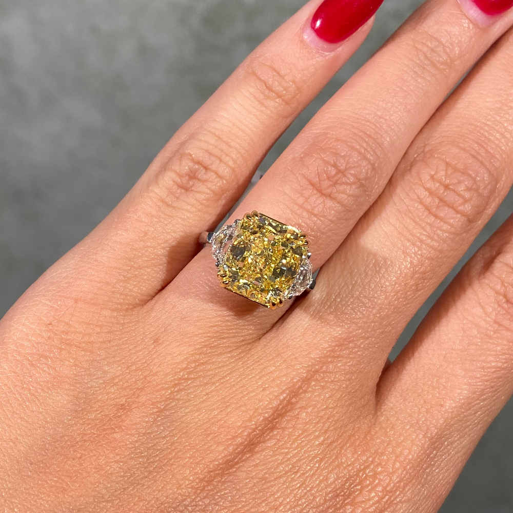 9 Carat GIA Fancy Intense Yellow Radiant Diamond Three Stone Engagement Ring