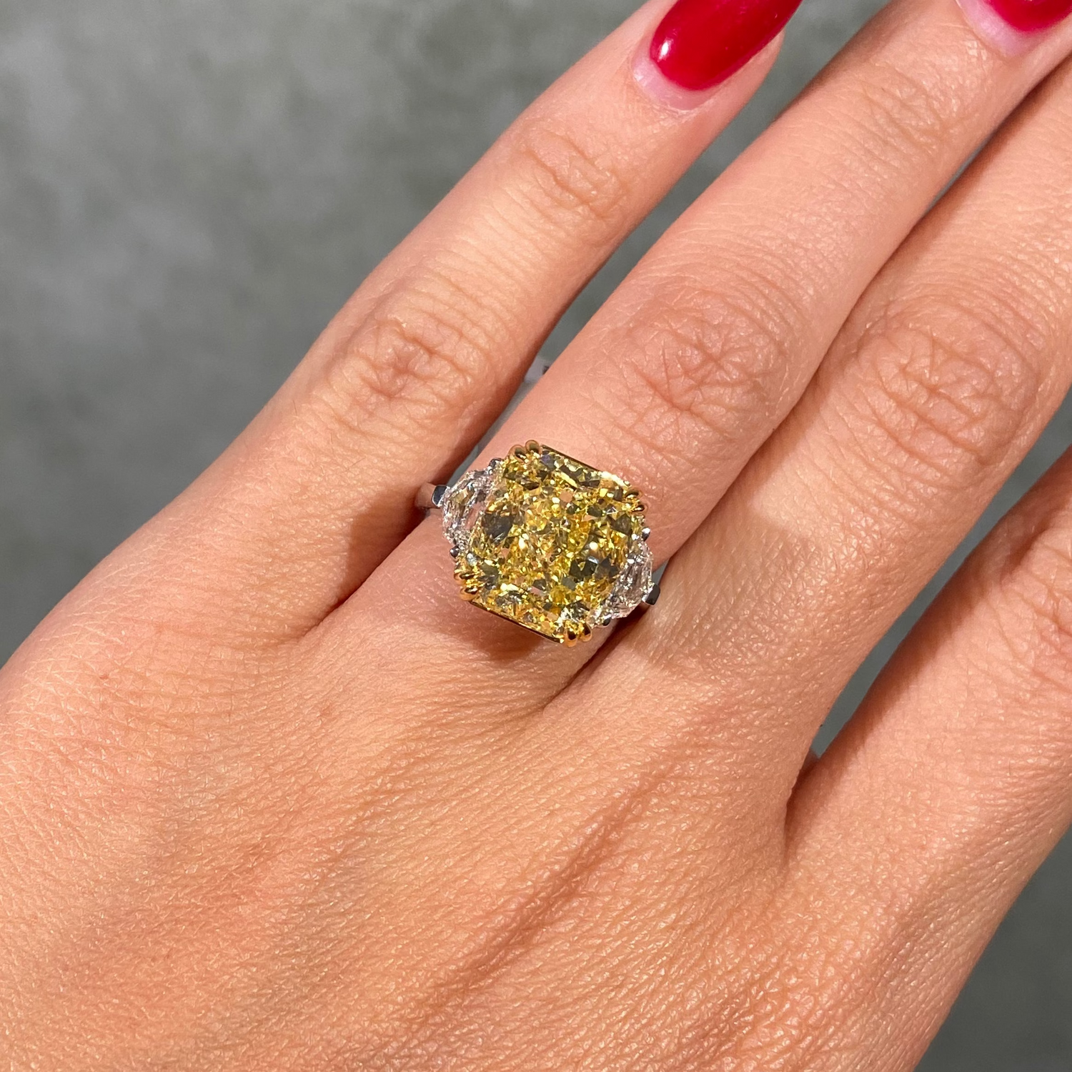 9 Carat GIA Fancy Intense Yellow Radiant Diamond Three Stone Engagement Ring