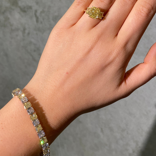 25 Carat Fancy Yellow and White Cushion Diamond Alternating Tennis Bracelet