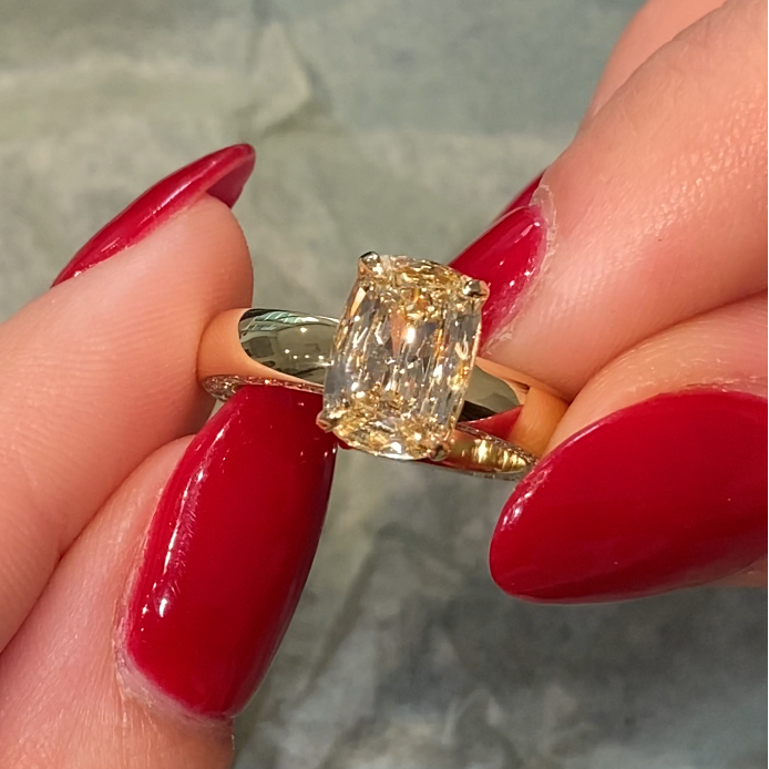2ct GIA Light Yellow Old Mine Cushion Diamond Tate Engagement Ring