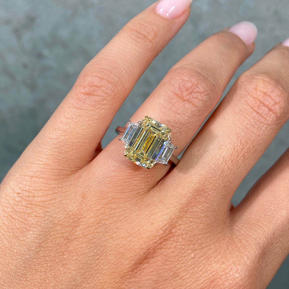 5ct GIA Fancy Light Yellow Emerald Diamond Three Stone Engagement Ring