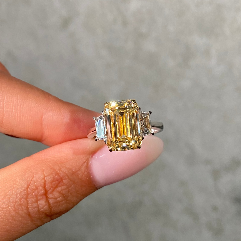 5ct GIA Fancy Light Yellow Emerald Diamond Three Stone Engagement Ring