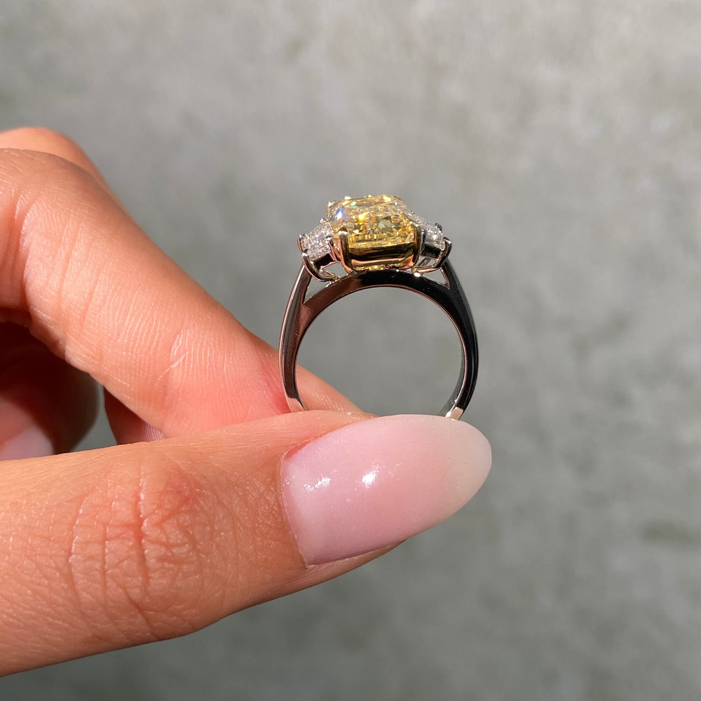 5ct GIA Fancy Light Yellow Emerald Diamond Three Stone Engagement Ring