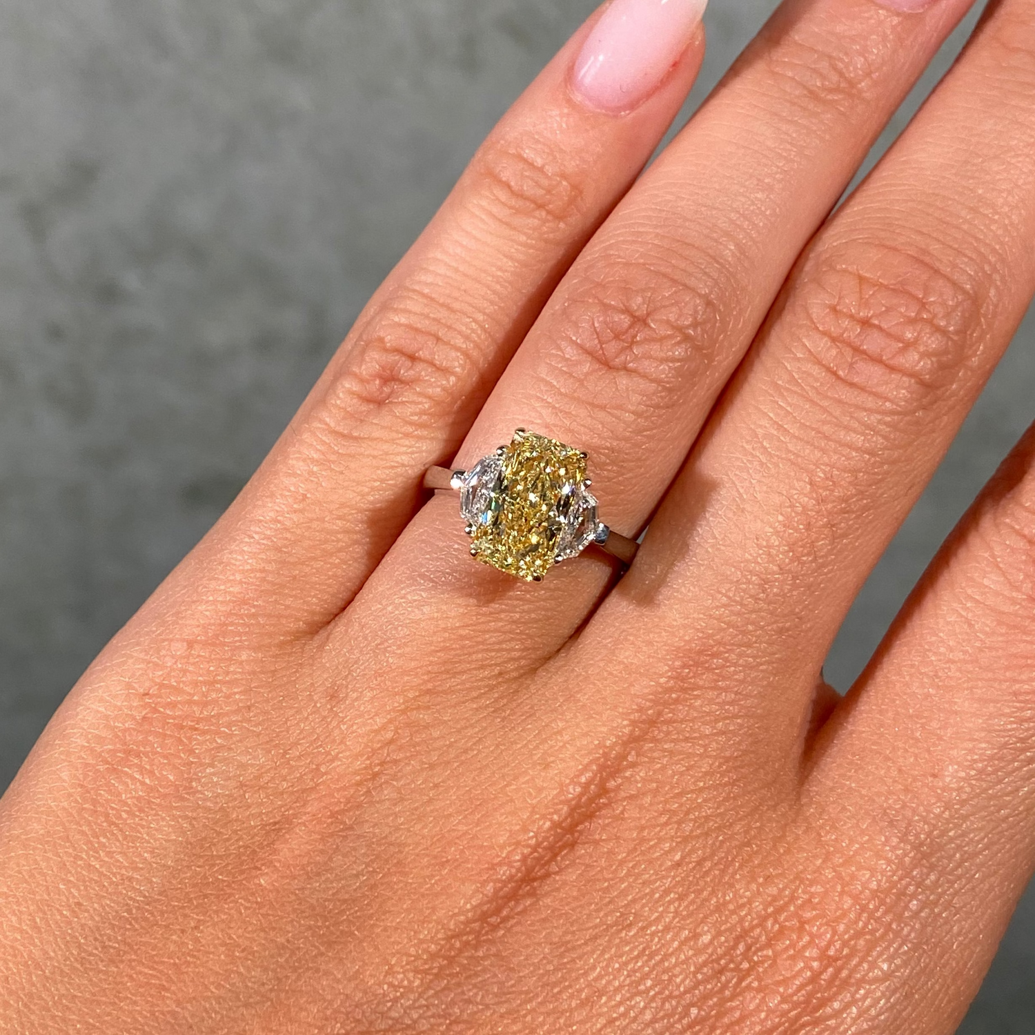 3ct GIA Fancy Light Yellow Elongated Radiant Diamond Three Stone Engagement Ring