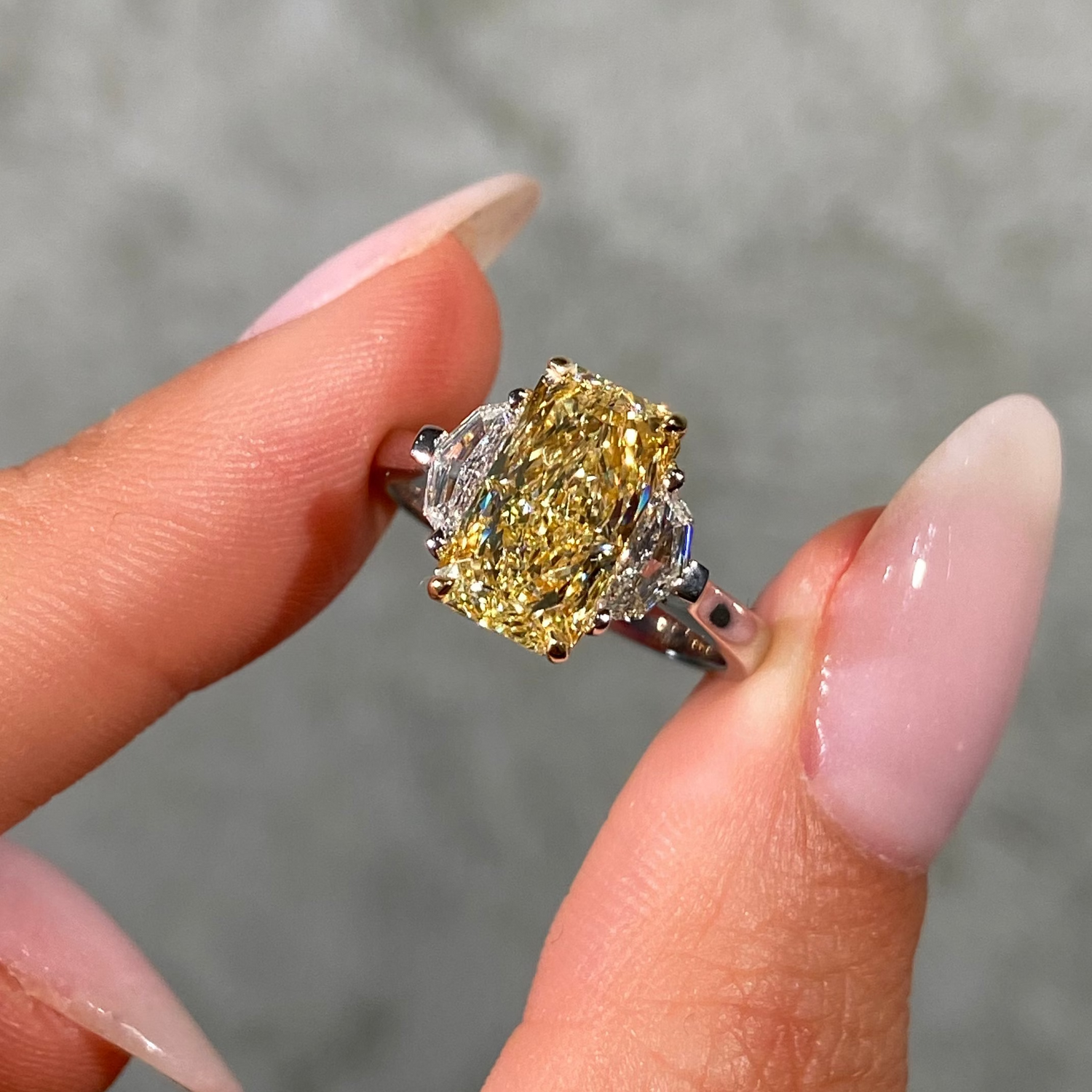 3ct GIA Fancy Light Yellow Elongated Radiant Diamond Three Stone Engagement Ring