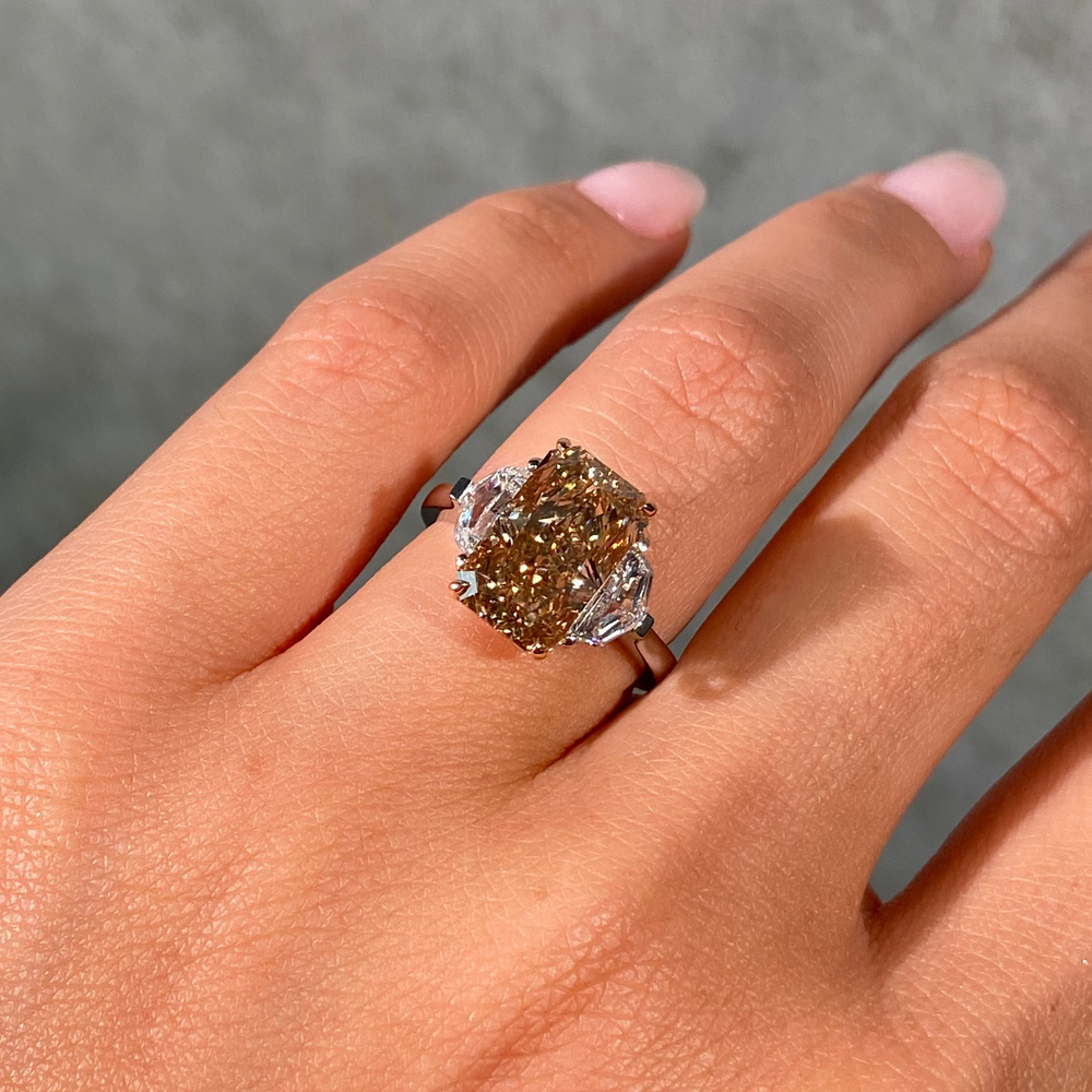 5ct GIA Elongated Radiant  'Champagne' Brown Diamond Three Stone Engagement Ring