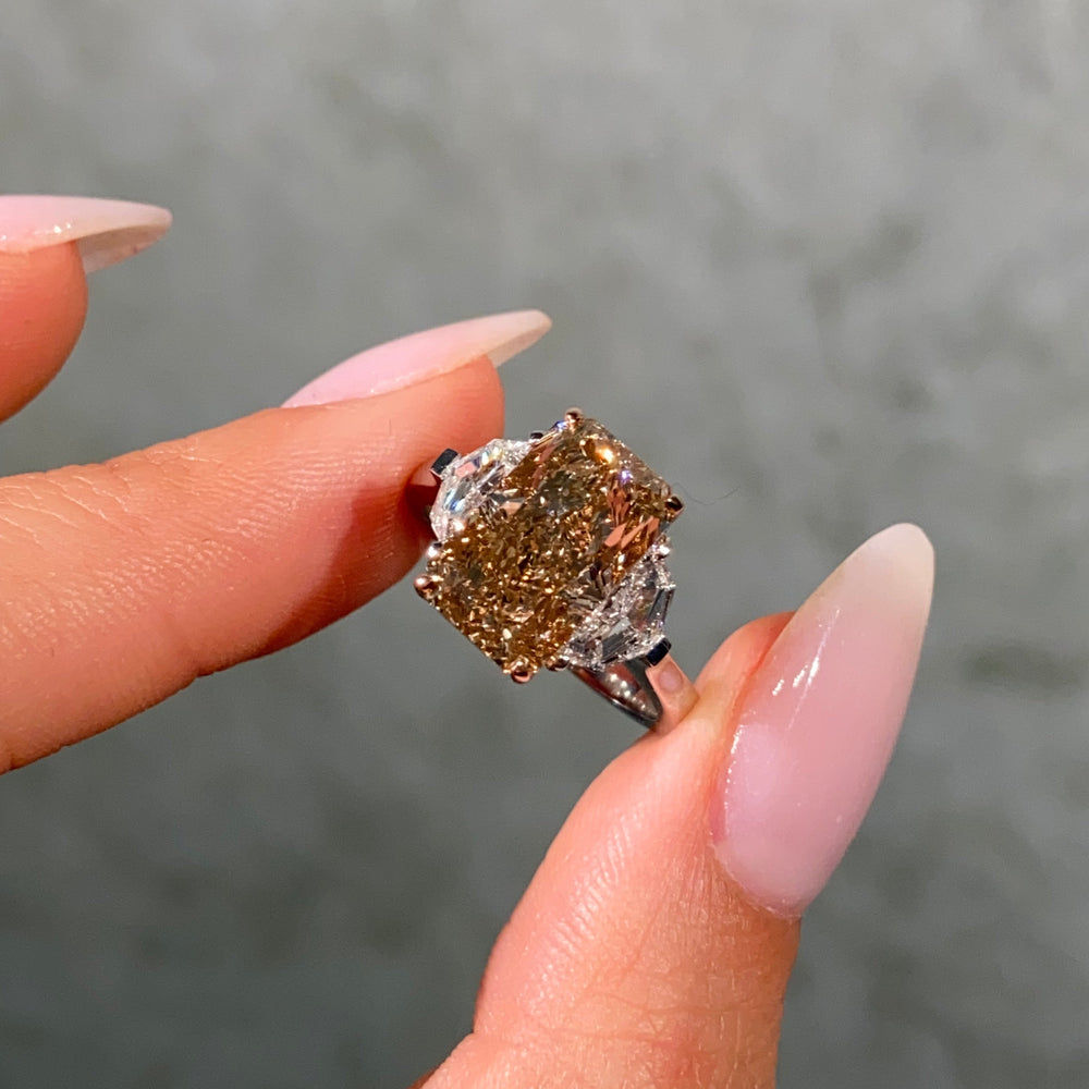 5ct GIA Elongated Radiant  'Champagne' Brown Diamond Three Stone Engagement Ring
