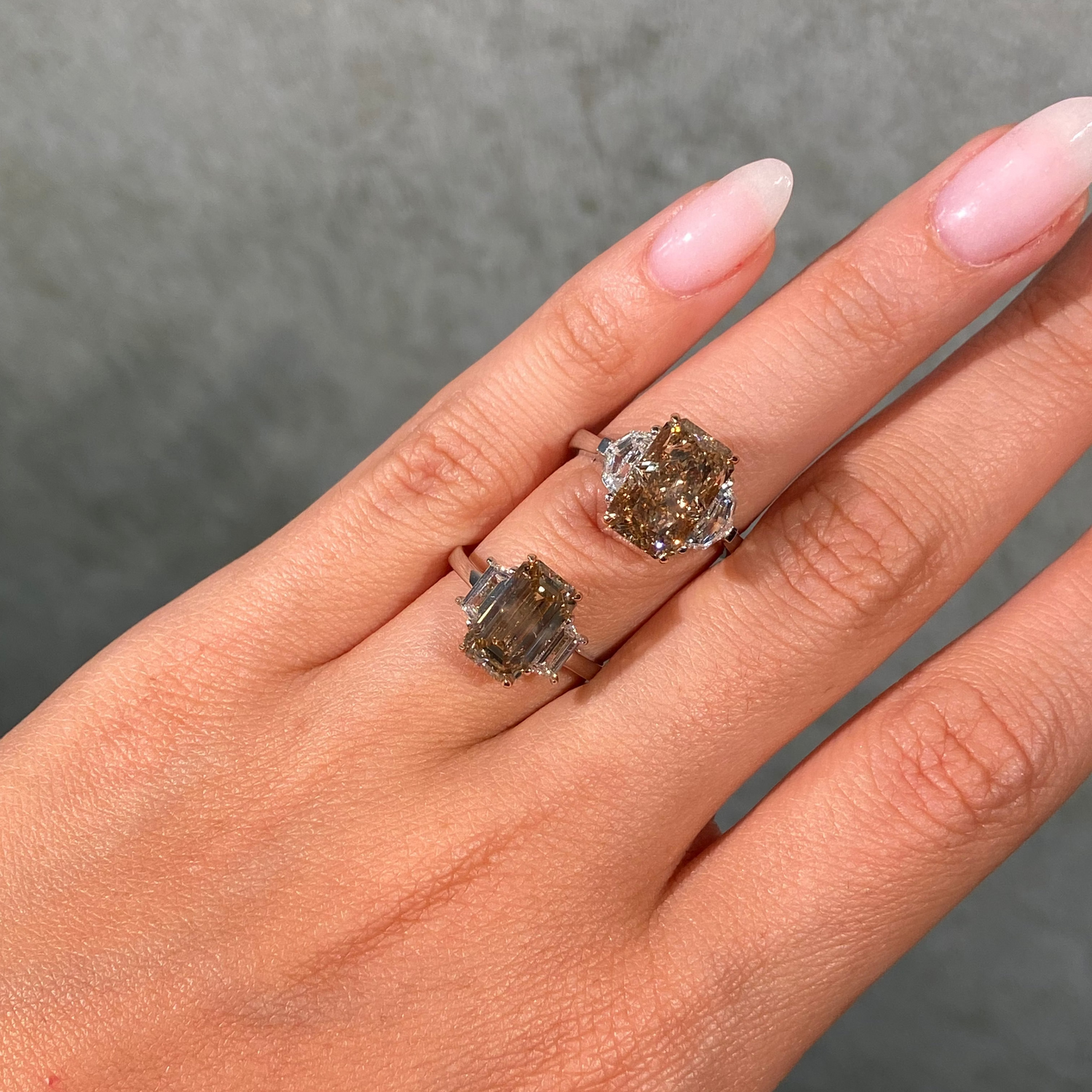 5ct GIA Elongated Radiant  'Champagne' Brown Diamond Three Stone Engagement Ring