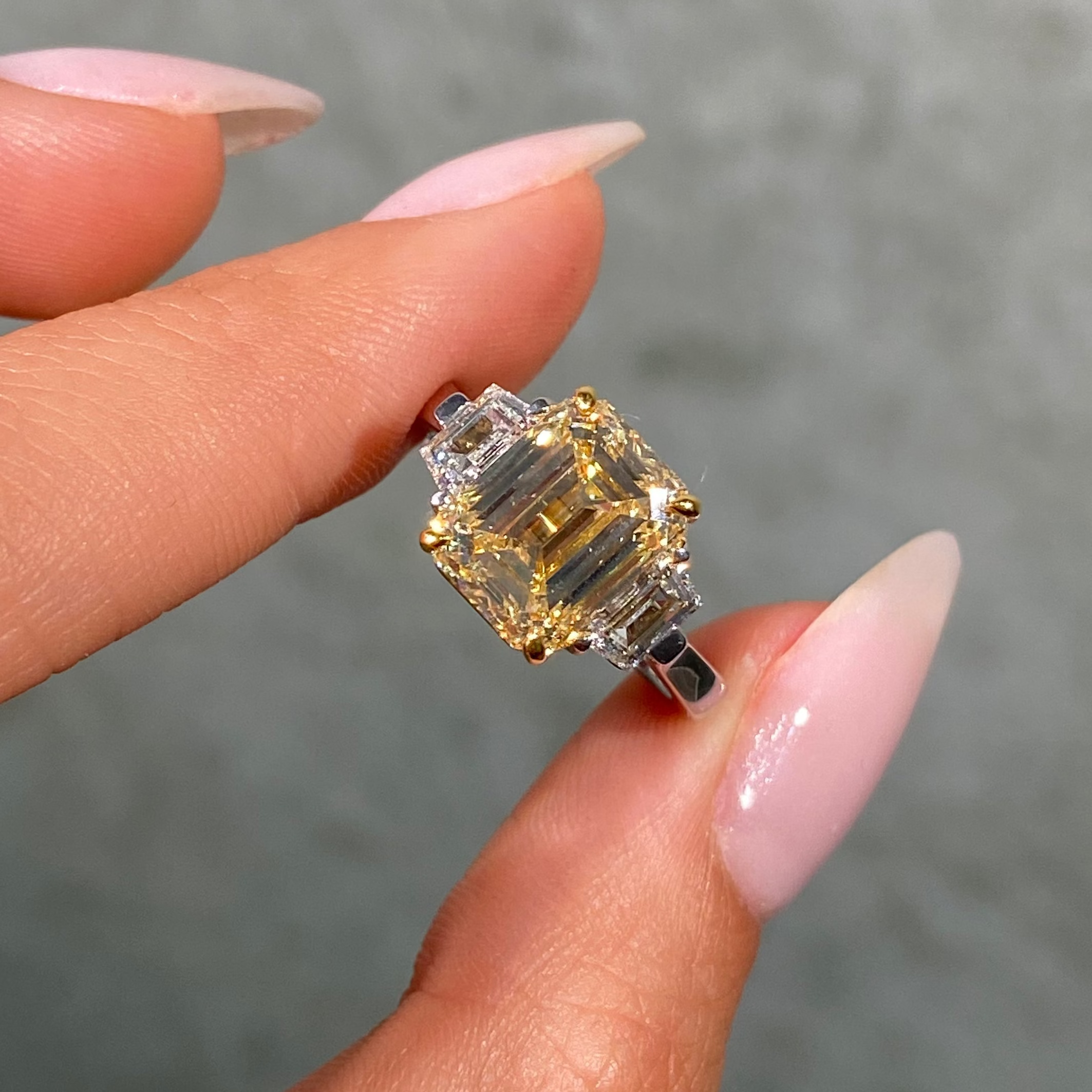 4ct GIA Light Yellow Emerald Diamond Three Stone Engagement Ring