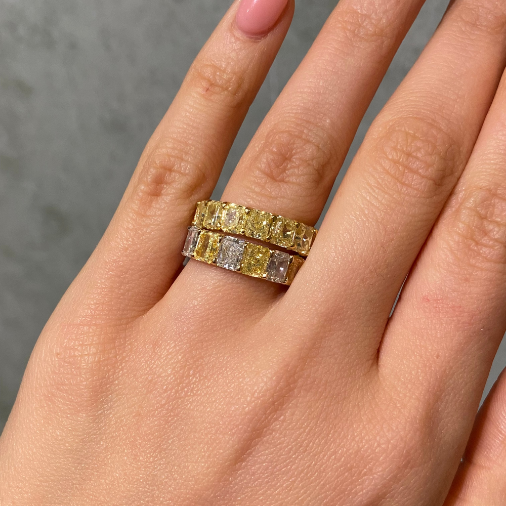 GIA Yellow Elongated Radiant diamond half eternity band at Rare Colors by Namdar, 5th Avenue New York