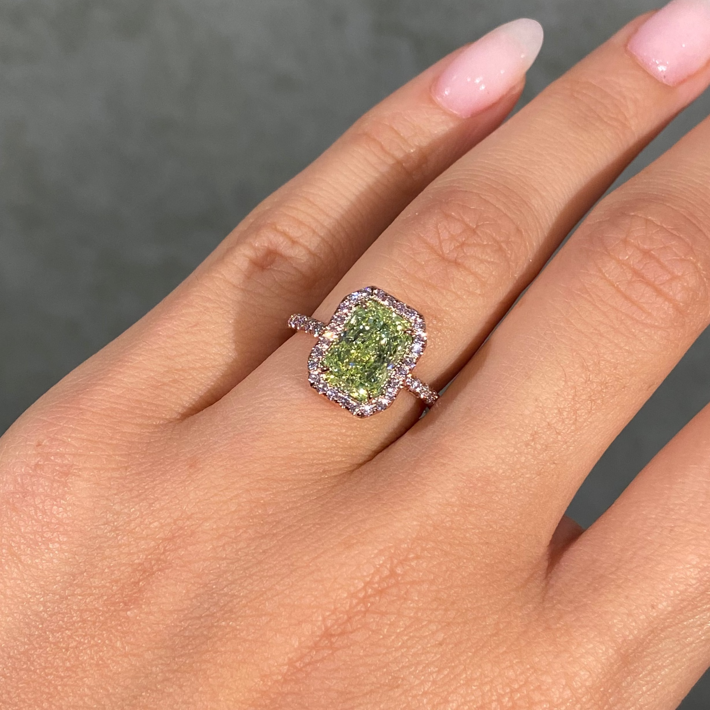 3ct Neon Green Elongated Radiant Diamond in Pink Diamond Halo Engagement Ring