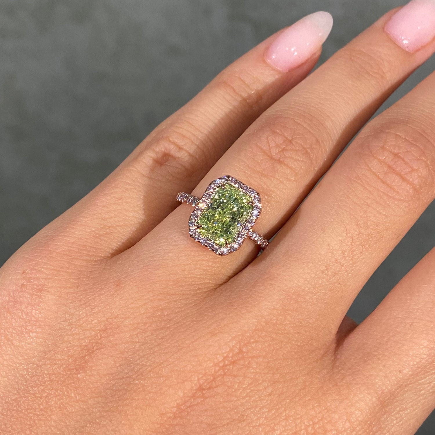 3ct Neon Green Elongated Radiant Diamond in Pink Diamond Halo Engagement Ring
