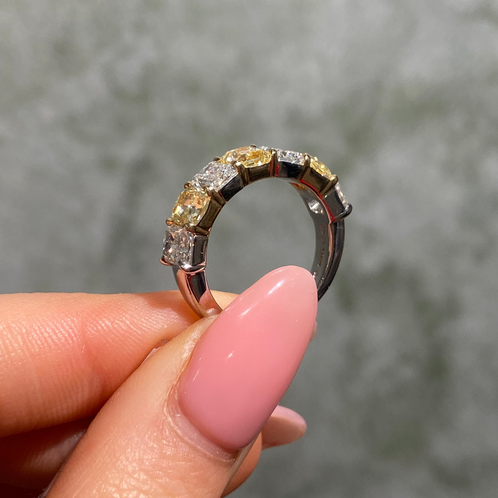 Yellow Elongated Radiant diamond half eternity band, handcrafted by Rare Colors by Namdar