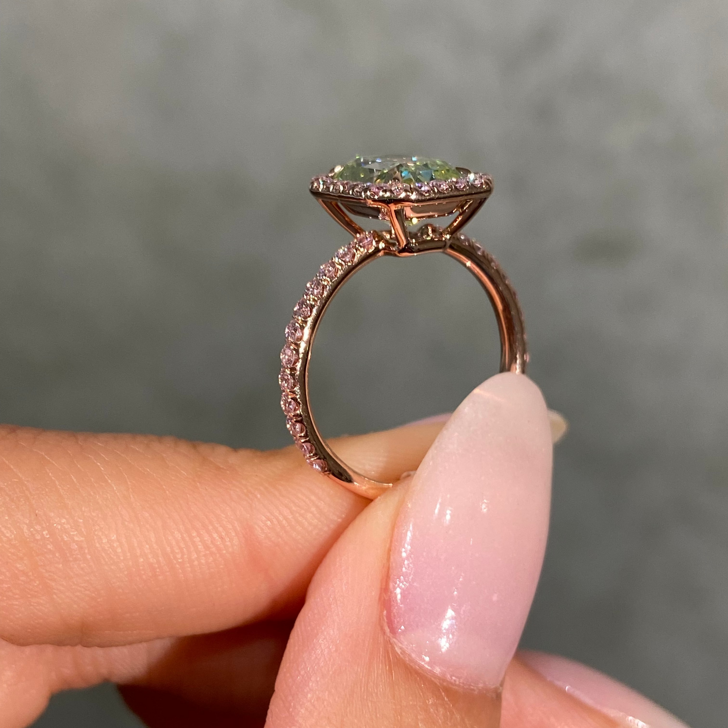 3ct Neon Green Elongated Radiant Diamond in Pink Diamond Halo Engagement Ring