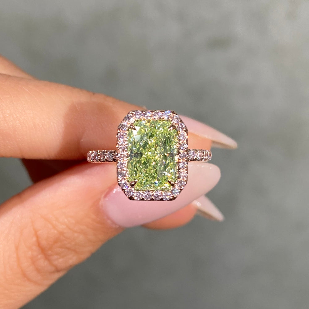 3ct Neon Green Elongated Radiant Diamond in Pink Diamond Halo Engagement Ring