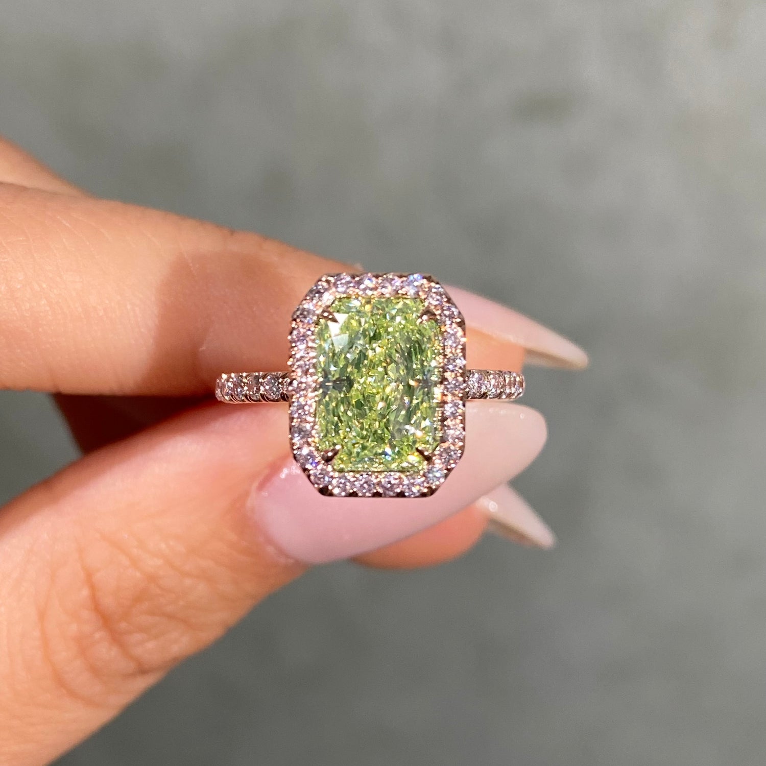 3ct Neon Green Elongated Radiant Diamond in Pink Diamond Halo Engagement Ring
