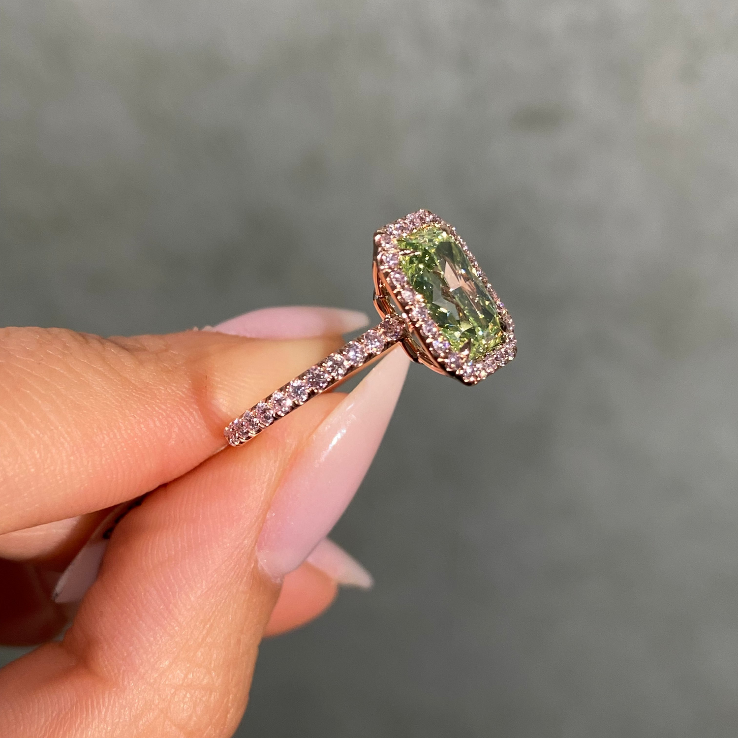 3ct Neon Green Elongated Radiant Diamond in Pink Diamond Halo Engagement Ring
