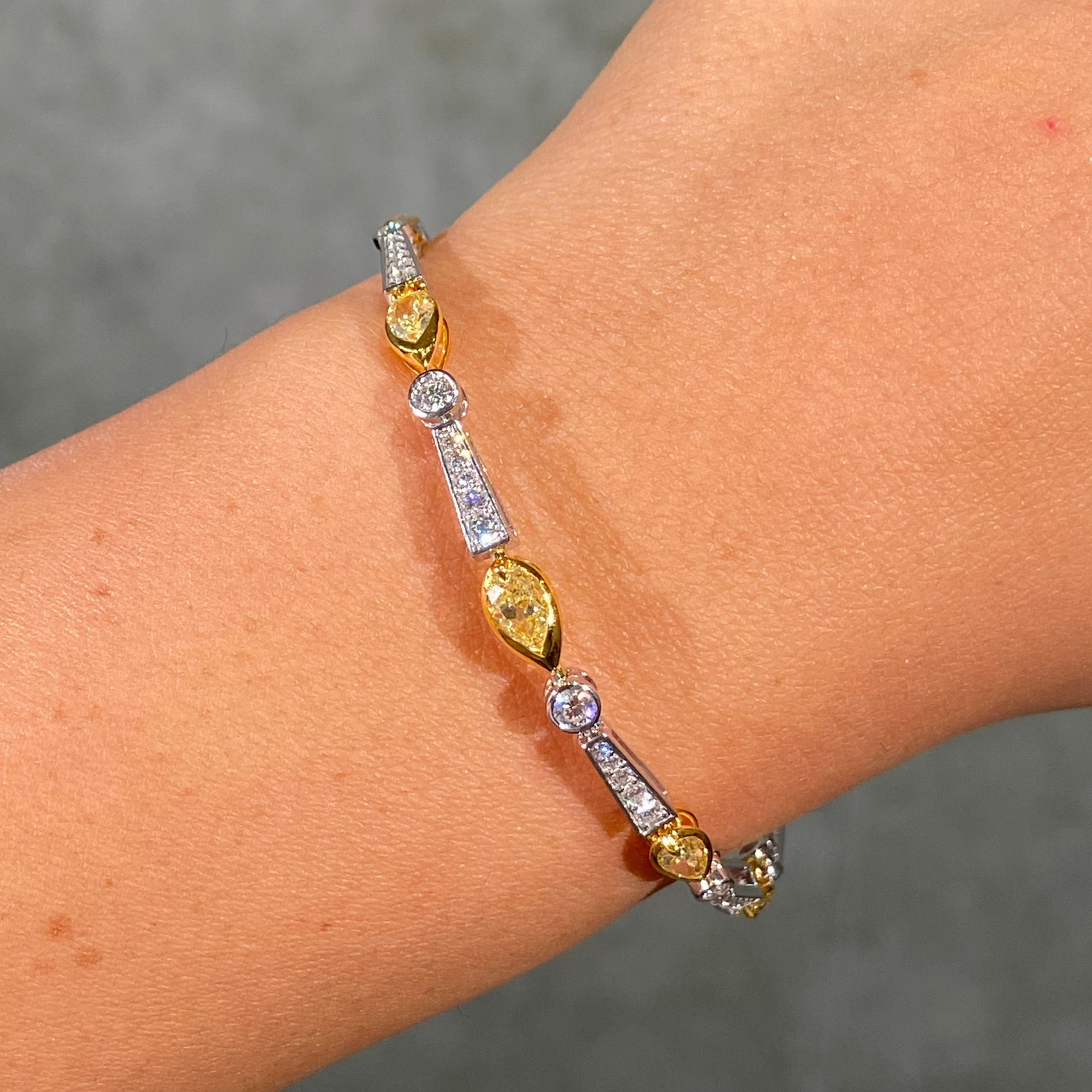 Fancy Yellow and Colorless Diamond Pear and Pavé Link Bracelet