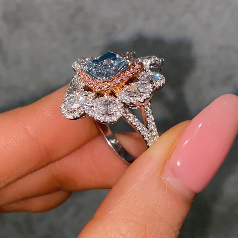 blue diamond ring side view 