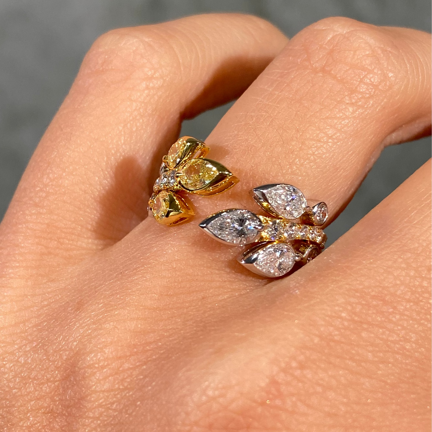 Fancy Yellow and Colorless Pear Diamond Floral Wrap Ring