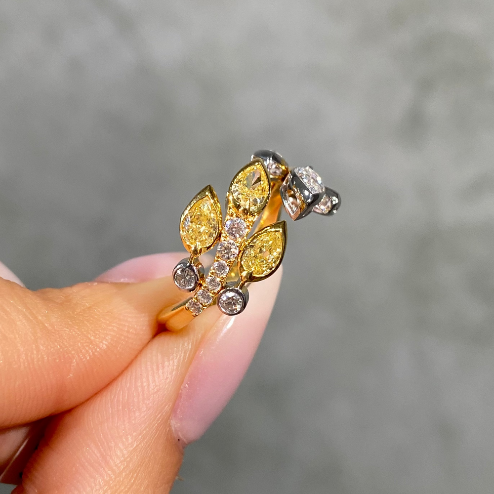 Fancy Yellow and Colorless Pear Diamond Floral Wrap Ring