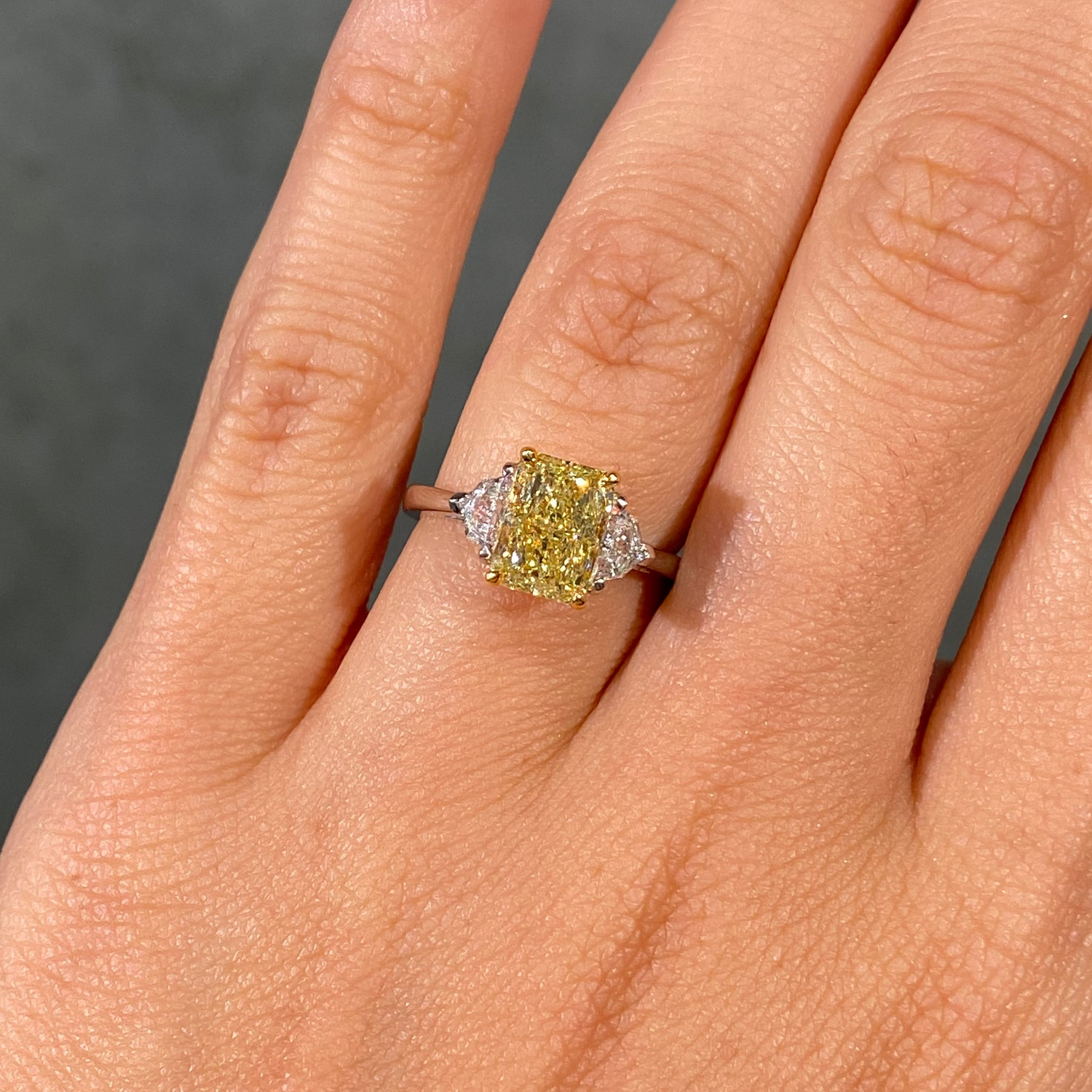 2ct GIA Fancy Yellow Elongated Radiant Diamond Three Stone Engagement Ring