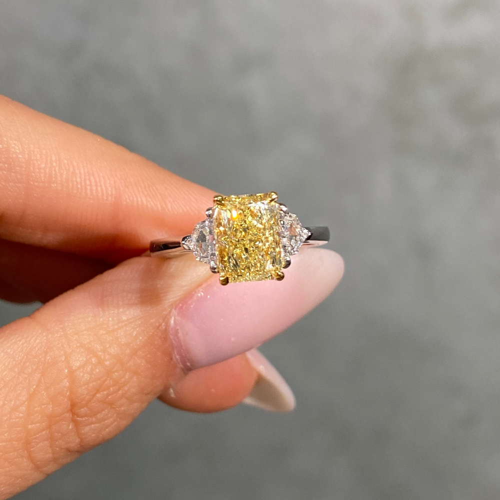 2ct GIA Fancy Yellow Elongated Radiant Diamond Three Stone Engagement Ring