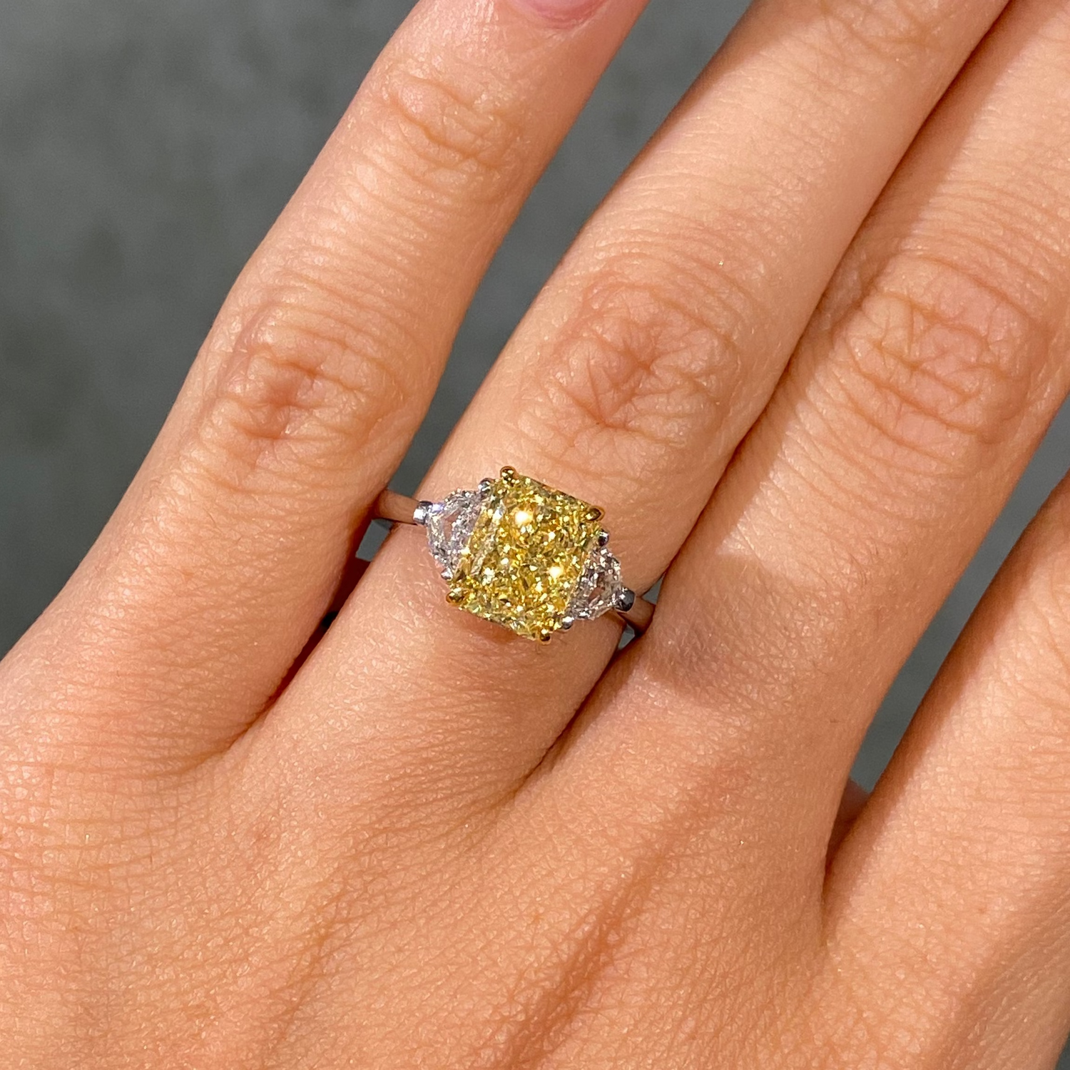 3ct GIA Fancy Yellow Elongated Radiant Diamond Three Stone Engagement Ring