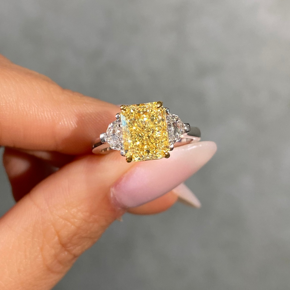 3ct GIA Fancy Yellow Elongated Radiant Diamond Three Stone Engagement Ring